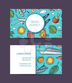 Vacation and exotic tours banners. Vector hand drawn summer travel elements business card template for travelling agency illustration