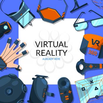 Vector background with flat style virtual reality elements around square with place for text illustration