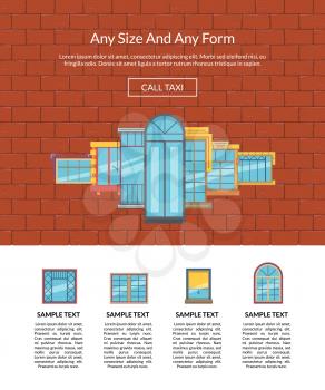 Vector window flat icons on brickwall background website landing page template illustration