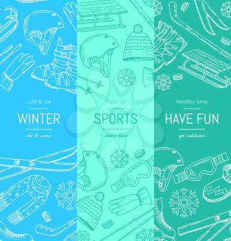 Vector hand drawn winter sports equipment and attributes vertical banner templates. Illustration of winter sport equipment drawing ski and snowboard