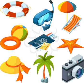 Summer travel isometric. Vector pictures of set. Summer travel isometric, tourism umbrella for recreation illustration