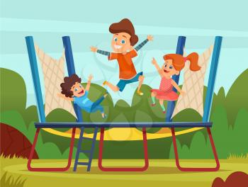 Jumping trampoline kids. Active children games on playground vector cartoon  background. Trampoline game, boy and girl bounce #2719360 