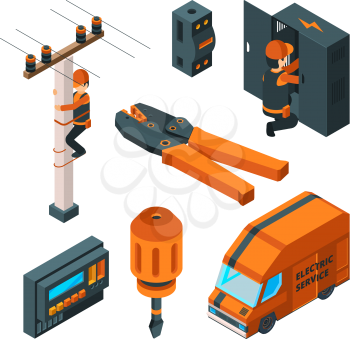 Electrical systems 3d. Electricity box switch electrician safety worker with power tools vector isometric. Electric worker and electricity equipment illustration