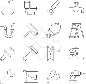 Repair icon. Support service building construction tools fast supplies vector linear items. Building renovation, drill equipment, hammer and ladder illustration