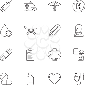 Medical icon. Urgency healthcare emergency capsule drugs pills vector thin line symbols. Illustration of urgency and emergency medicine