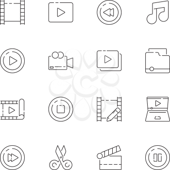 Video editing icon. Film movie production symbols cut editor multimedia clapper vector thin line pictures. Illustration of edit film, clapper and video, camera and player