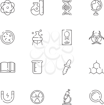 Science icon. Chemical laboratory equipment chemicals structure scientific lab vector thin symbols. Illustration of equipment for experiment, magnet and instrument illustration