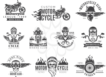 Motorcycle labels. Biker badges with speed symbols engine motor race chopper skull and fire vector pictures collection. Chopper engine, skull in helmet, garage classic emblem illustration