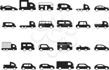 Car icons. Pictograms of black transport truck suv minivan vector silhouettes isolated. Hatchback car silhouette monochrome, auto minivan and cabrio illustration