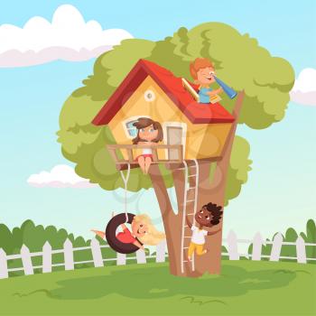 House on tree. Cute children playing in garden nature climbing vector kids background. Illustration of tree house for children, recreation childhood