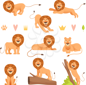 Lion cartoon. Wild running yellow fur animal king hunter safari cute lions pride vector characters collection. Safari mammal lion, mascot leo, carnivore predator illustration