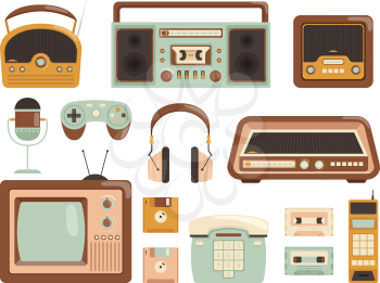 Retro gadgets. 80s electronic cassette recorder tape audio music player radio cell phone vector pictures. Illustration of recorder player, electronic radio 80s, tape audio