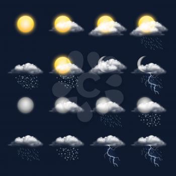 Meteo realistic icon. Clouds sun rain wind snow vector weather symbols. Illustration of meteo forecast, meteorology interface