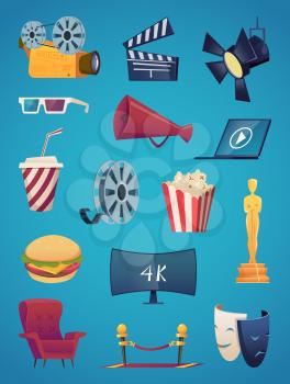 Cinema icon collection. Movie theatre entertainment cartoon pictures video club popcorn 3d glasses camera popcorn vector illustrations. Megaphone and camera, spotlight and video screen