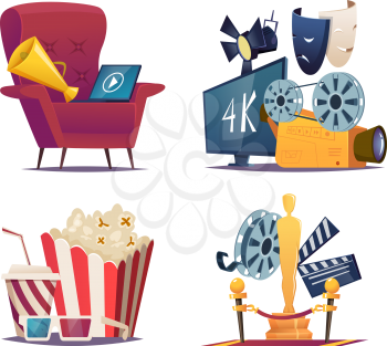 Cinema cartoon. Entertainment conceptual collections with symbols of cinema and theatre megaphone masks popcorn glasses vector. Entertainment multimedia, television and movie, film cinema illustration