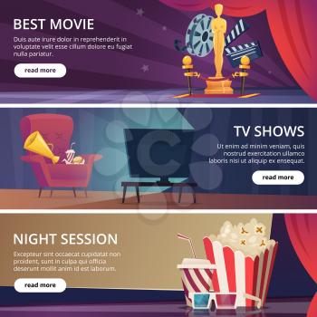 Cinema banners. Movie video and theater entertainment cartoon icons 3d glasses popcorn clapper megaphone vector design template. Best movie and television show, night session cinema illustration
