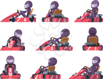 Karting racers. Sport speed cars competition vector karting automobile illustrations. Extreme speed kart, auto sport