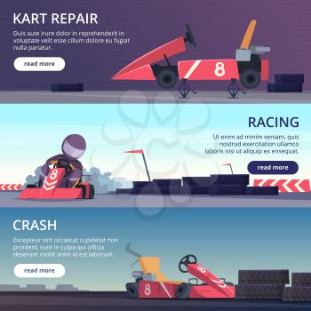 Karting cars. Banners with sport pictures of speed fast karting racing automobiles vector cartoon pictures. Championship kart racing, professional karting illustration