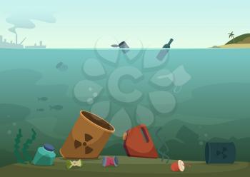 Water waste. Nature pollution plastic bottles in ocean debris dirty animals trash save nature vector concept background. Rubbish and waste in ocean, sea trash plastic, pollution in marine illustration