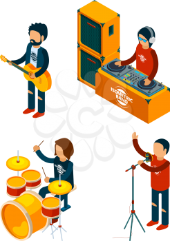 Music entertainment isometric. Singer rock musician crowd drummer violinist guitar drum musical keyboard synthesizer. Illustration of rock music band, rocker unrecognizable with guitar