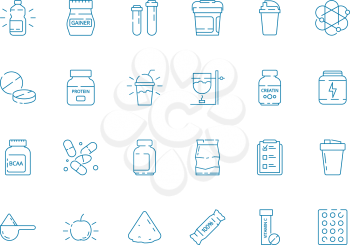 Fitness nutrition. Supplement sport food vitamins whey protein vector health vector symbols. Illustration of fitness sport, bcaa and whey, health supplement