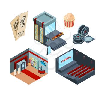 Cinema stage isometric. Inside interior of movie hall entertainment illustrations cinema ticket red curtains vector. Cinema theater isometry, screen showtime entertainment,