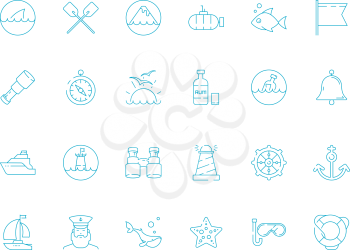 Marine icon. Nautical symbols sailing knot rope sea fish sailing boat ship vector thin pictures. Marine boat and fish, yacht and submarine icons illustration