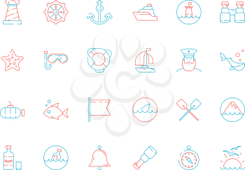 Marine icon collection. Nautical sea or ocean symbols fish boat map navy yacht captain cap vector colored pictures. Illustration of anchor and yacht, submarine and bell, transport vessel