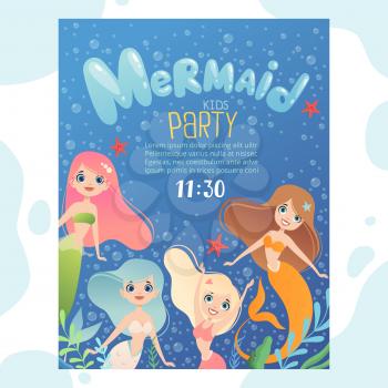 Mermaid party invitation. Design template invite kids birthday cards with funny underwater characters fish and young mermaid princess. Mermaid girl with seaweed aquatic illustration