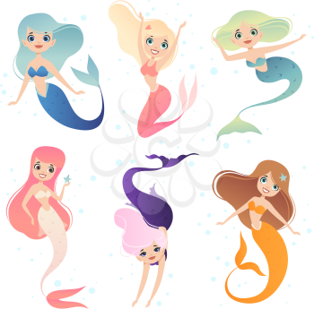 Mermaid cartoon. Underwater life character mermaid princess in action poses vector mascot. Illustration of mermaid character underwater, ocean mythical siren