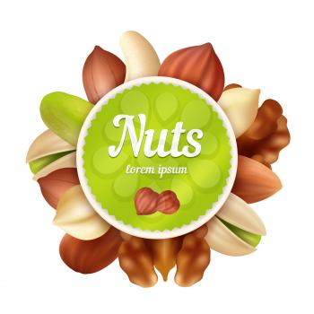 Nuts background. Healthy food snacks and peanuts collection with place for your text vector design template. Illustration of snack walnut, cashew, hazelnut and pistachio