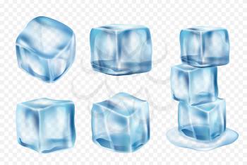 Ice cubes. Freeze water with light reflection and splashes vector realistic ice template. Illustration of ice transparent cube, crystal freeze