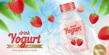 Yogurt advertizing. Placard with package of fruit yogurt milk and cream splashes healthy food desserts vector picture. Illustration of yogurt fruit strawberry, packaging food with splash