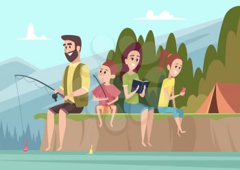 Family travellers. Couple outdoor explorers kids with parents hiking camping vector cartoon background. Family adventure and fishing outdoor, travel camp illustration
