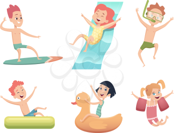 Aquapark characters. Activities in water pool sea jumping and swimming happy childrens vector cartoon collection. Illustration of aqua pool park, happy child