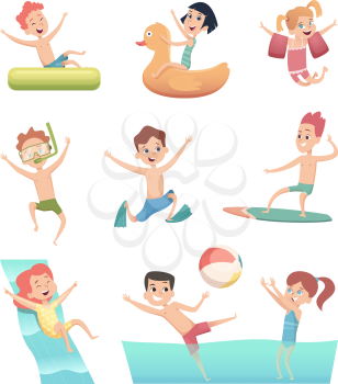 Water park games. Fun of children aqua activities with water swimming pool kids on rubber rings or mattress vector characters. Illustration of summer activity in pool, happy children in water park