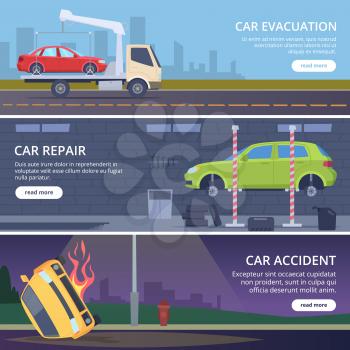 Accident road banners. Urban landscape with damaged cars crash broken transport vector pictures collection. Broken auto, transportation automobile to repair service illustration