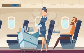 Stewardess background. Avia company persons standing in airport landscape fly pilots of airplane vector cartoon illustration. Travel flight, airplane stewardess in business class