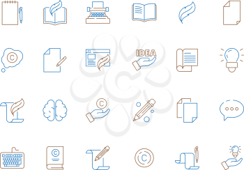 Copywriting icon. Tools for writers articles feather pen newspaper content books vector thin line colored symbols. Illustration of content blog, copywriting and blogging