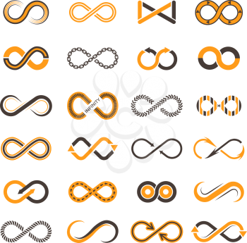 Infinity icons. Contouring shapes of eternity vector two-color symbols. Illustration of infinity and eternity figure, dynamic chain continual