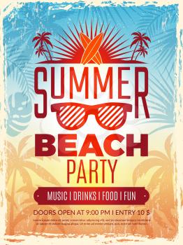 Summer retro poster. Vacation tropical beach summer party invitation retro placard vector template. Summer vacation banner, travel sea party, tour poster illustration