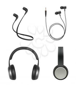 Earphones realistic. Headphone music accessory electronic items vector collection. Illustration of sound music equipment, earphone stereo device