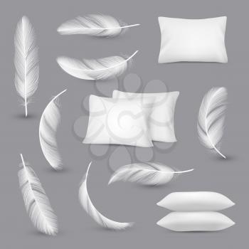 White pillows. Wind feathers for bedroom rectangle pillows vector realistic pictures isolated. Illustration of soft comfortable cushion, white feather