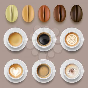 Coffee beans and cups. Hot drinks arabica coffee roast agricultural vector collection. Illustration of arabica coffee, cup of cafe