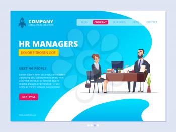Interview landing. Hr manager director male dialogue with female worker business website layout design vector template. Business recruitment candidate, hr career illustration