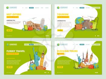 Travel landing pages. Historical landmarks points of interests for travellers website business template app layout vector. Illustration of banner travel agency, offer for vacation