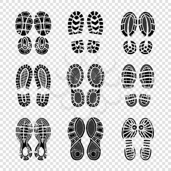Footprint human. Walking boots soles steps silhouettes vector template printing texture. Illustration of imprint and footprint, foot silhouette