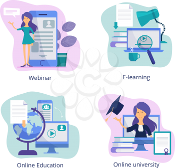 Internet education. Web classroom for distance tutorials online courses and webinars virtual trainings vector illustrations. Knowledge and education, training distance tutorial