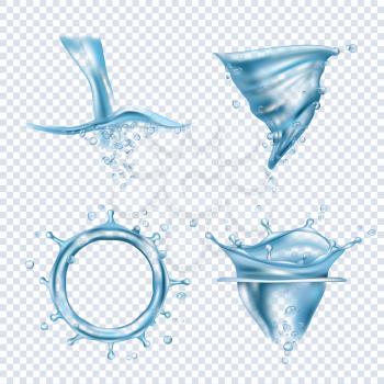 Water splashes. Rain drops liquid fluids object transparent blobs dynamic water whirlpool vector realistic pictures. Aqua transparent, fluid liquid splash illustration