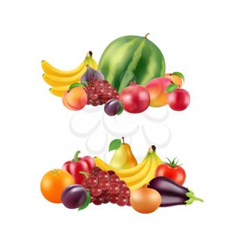 Vector realistic fruits and berries piles set isolated on white background illustration. Food fruit juicy, ripe banana and berry